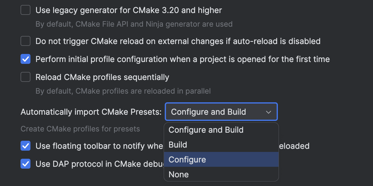 Carregamento de predefinições do CMake