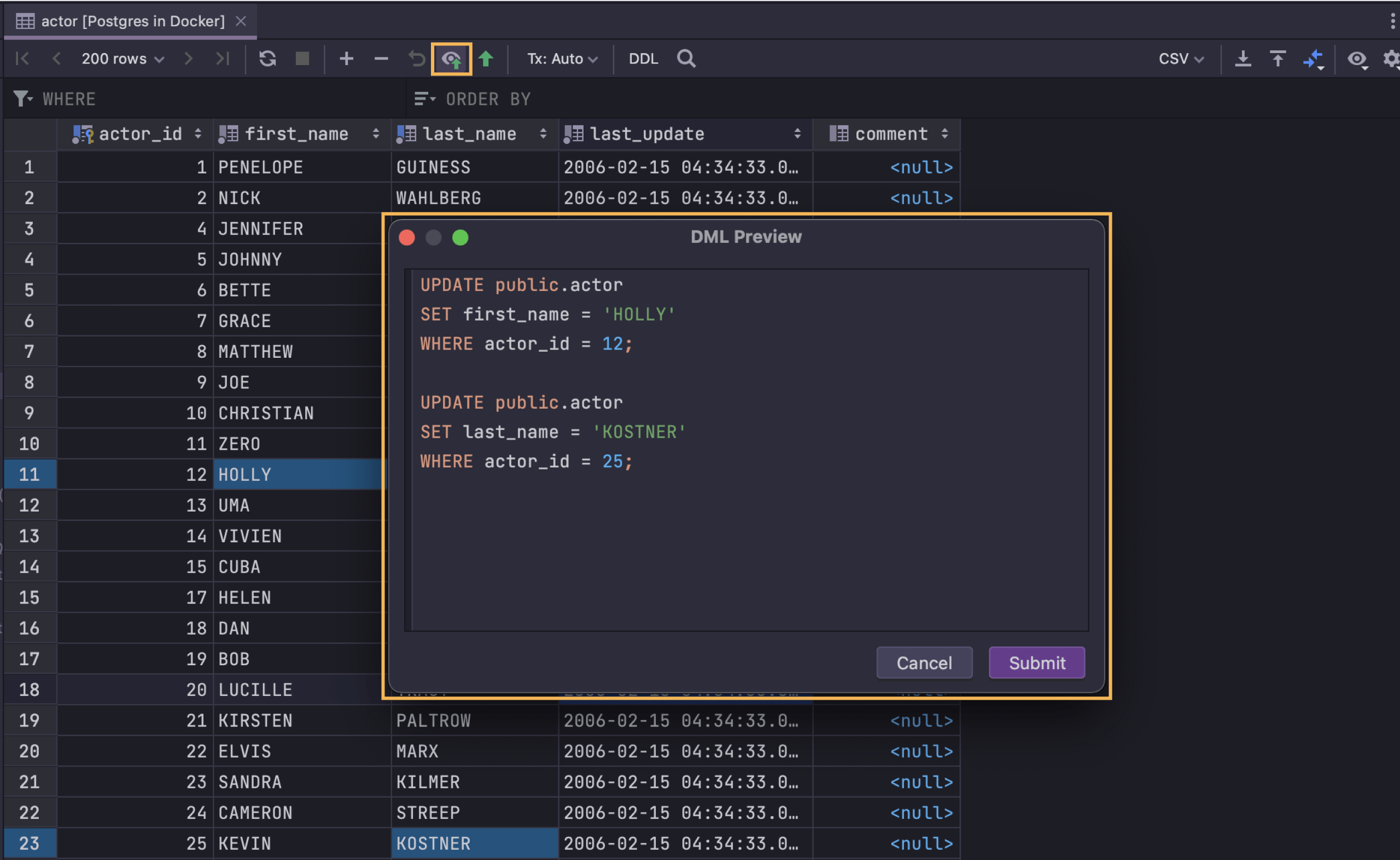 データエディターの DML プレビュー