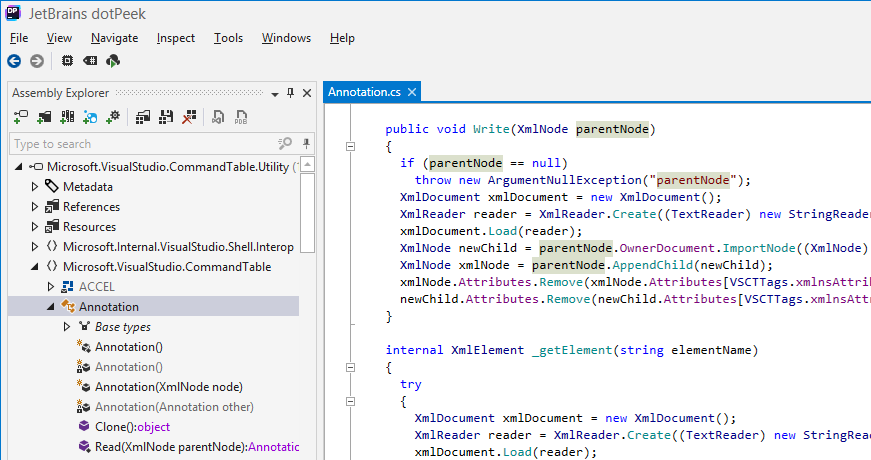 Annotation type expected. Jetbrains DOTPEEK. Net Assembly. XML node. Jetbrains c#.