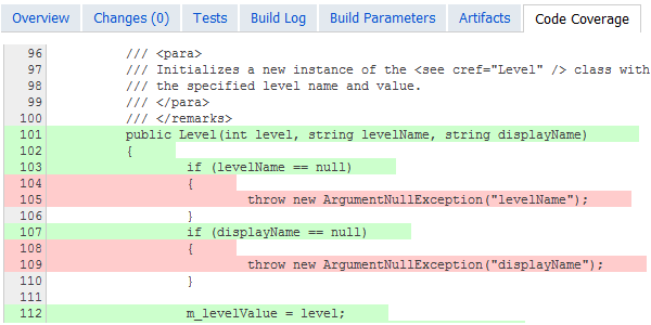 지속적 통합의 일부로 포함되어 TeamCity에서 코드 커버리지 강조 표시