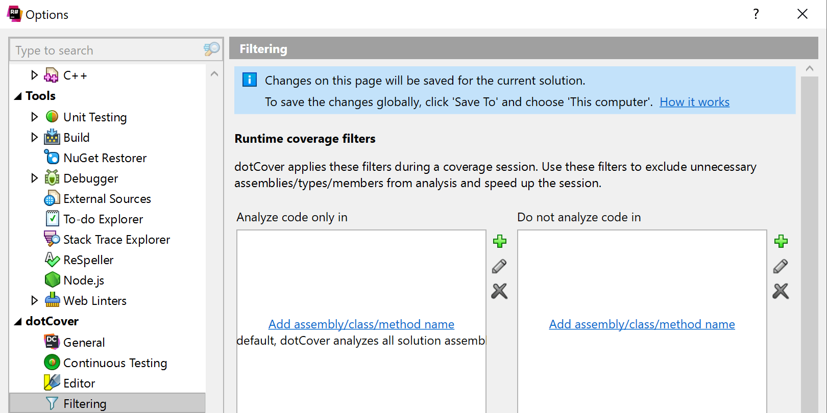 Ajustes de filtrado actualizados en ReSharper