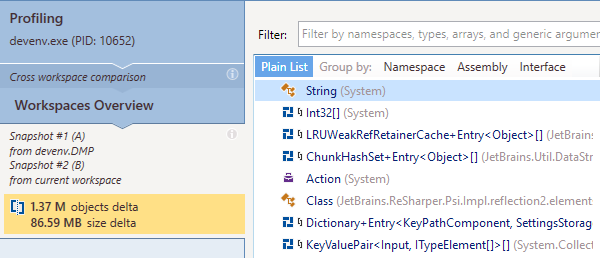 Comparing memory snapshots