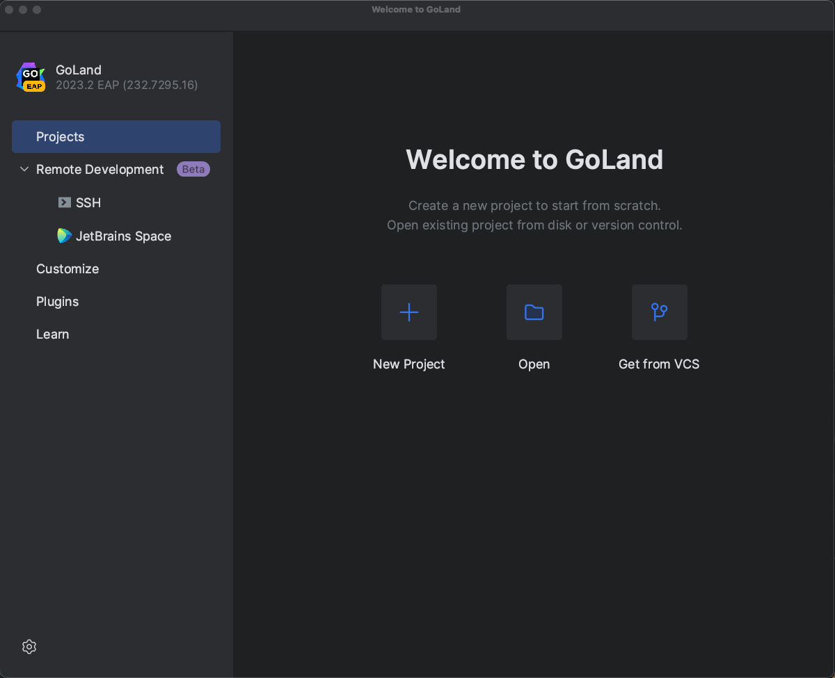 GoLand welcome screen