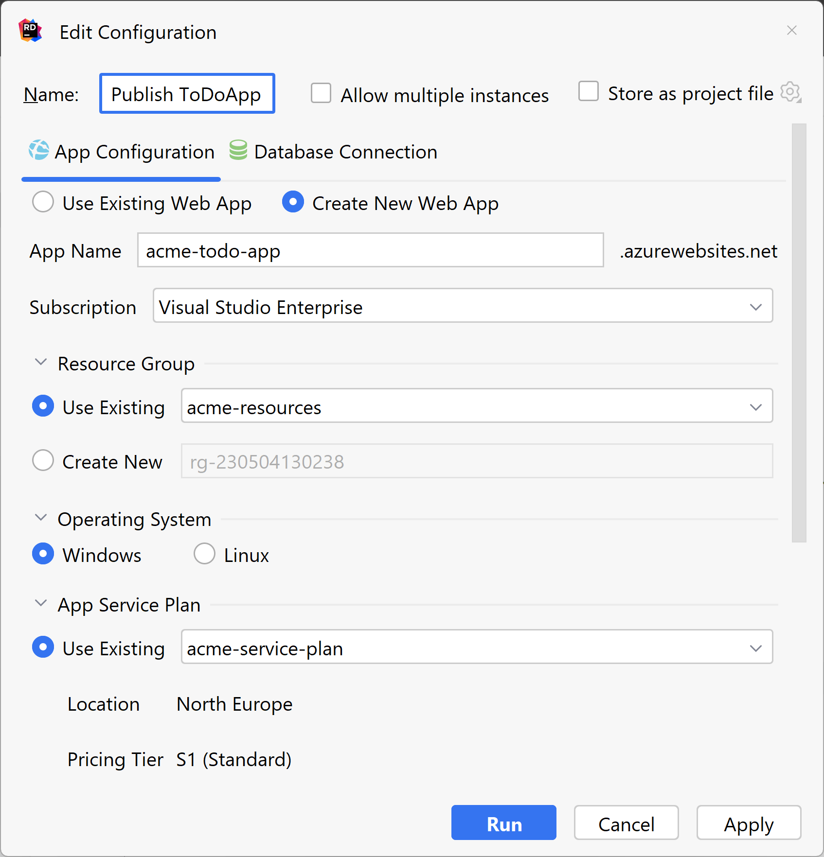 Publish to Azure Dialog