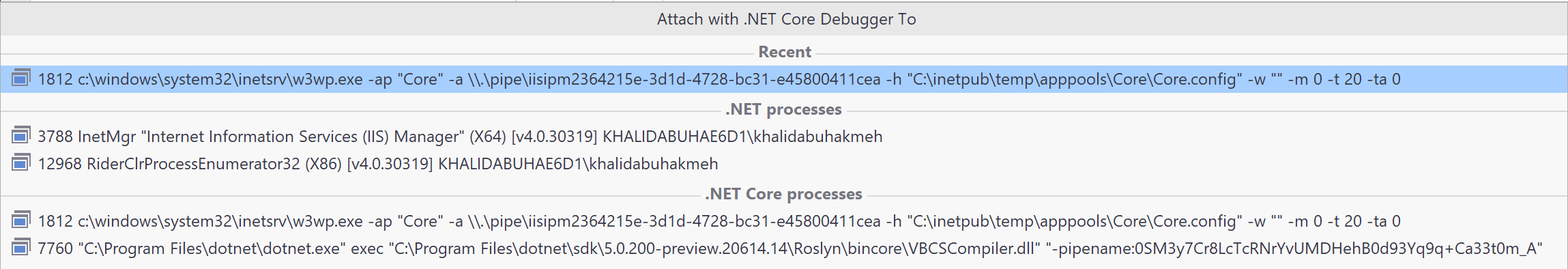 Rider Attach To Process Selection dialog