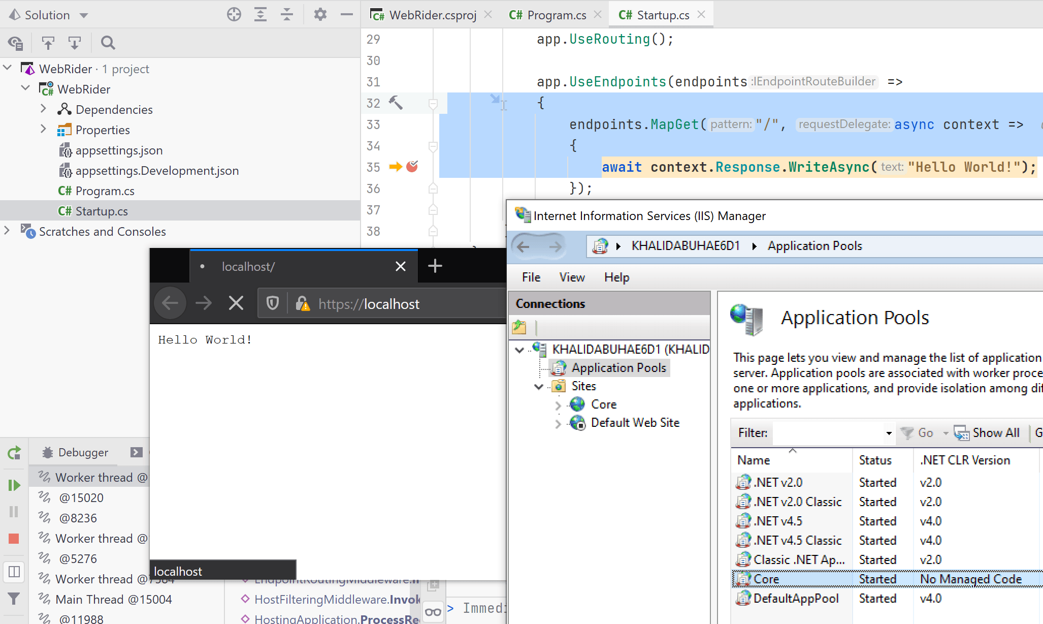 Debugging an IIS ASP.NET Core web application from Rider