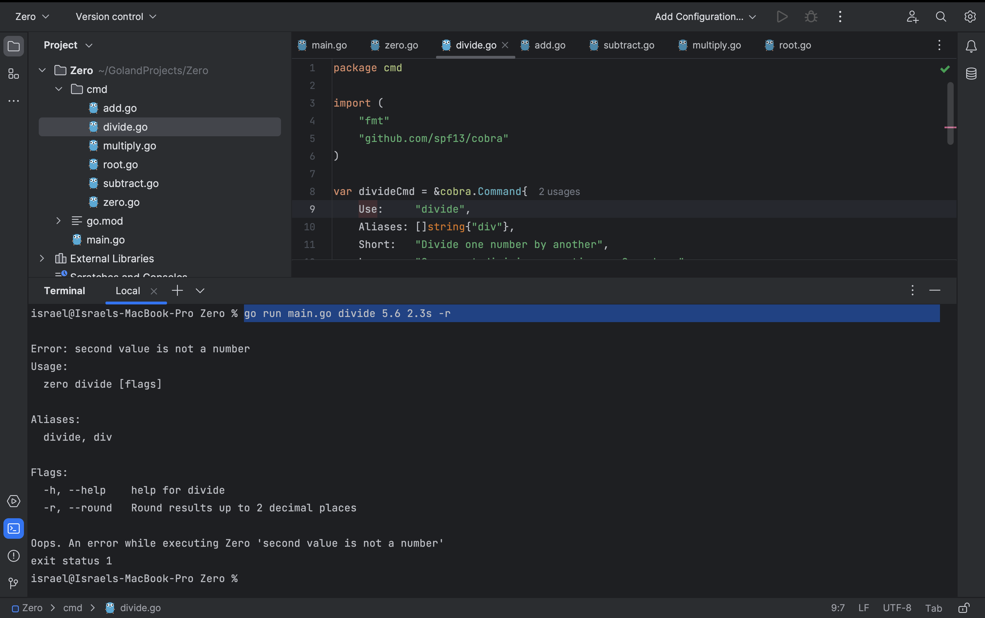 Divide error terminal result