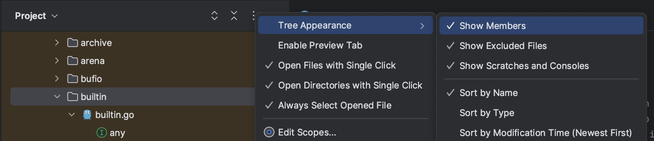 Enable Show Members in the GoLand project pane