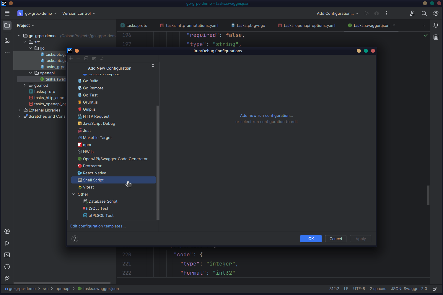 Choosing the Shell Script option for the configuration