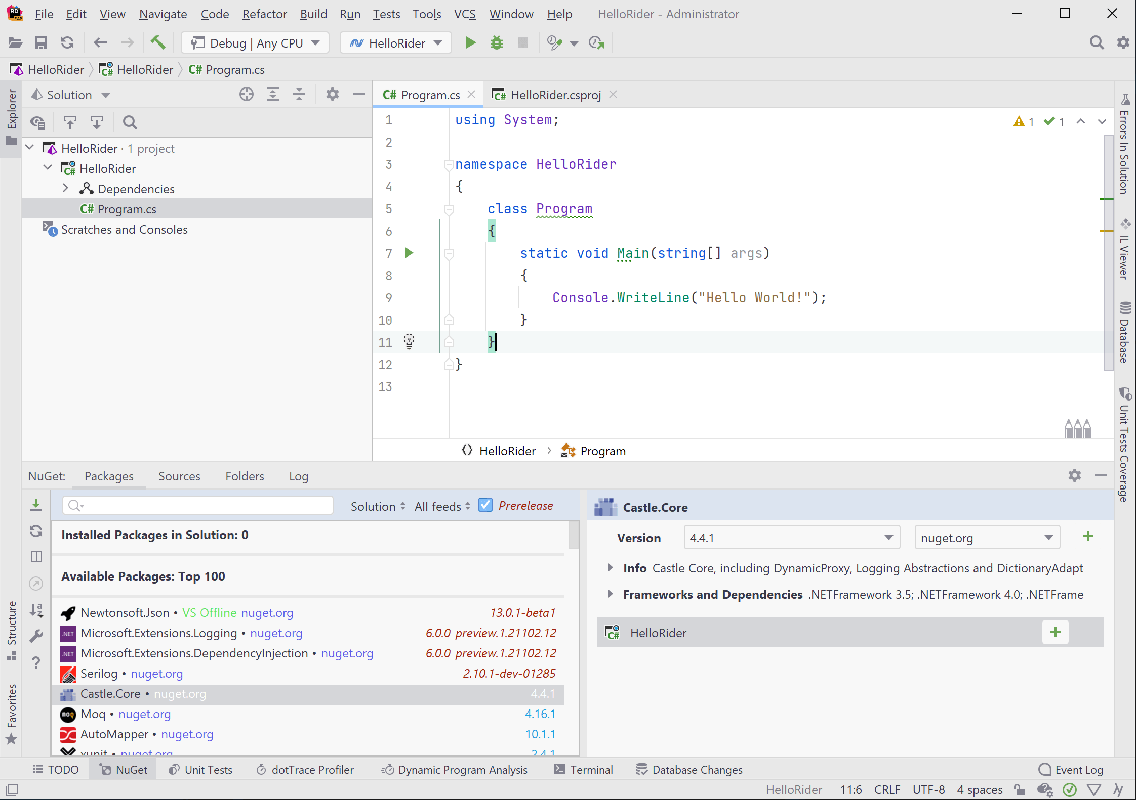 JetBrains Rider's NuGet Tool Window