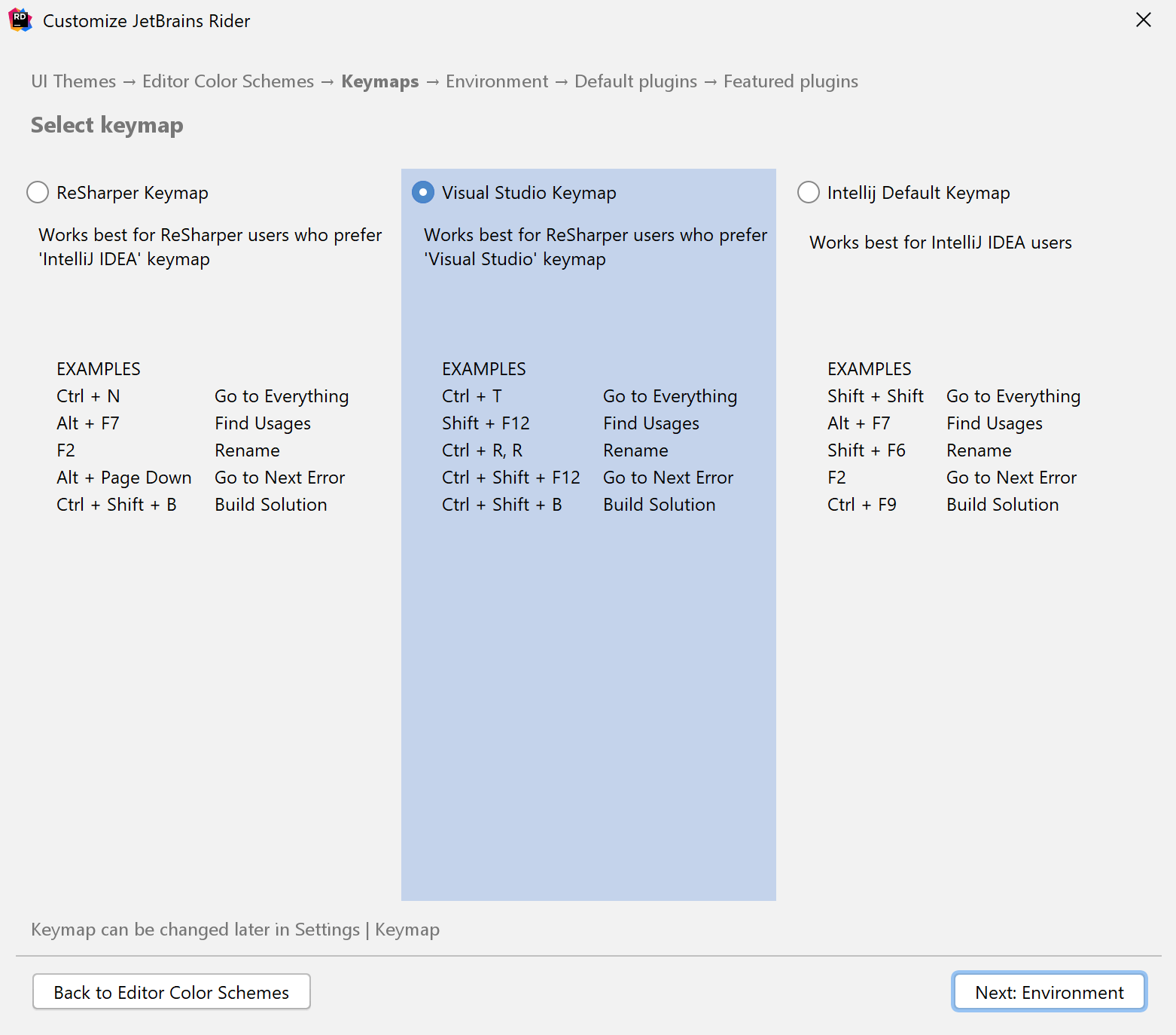 Selecting the keymaps in Rider's setup