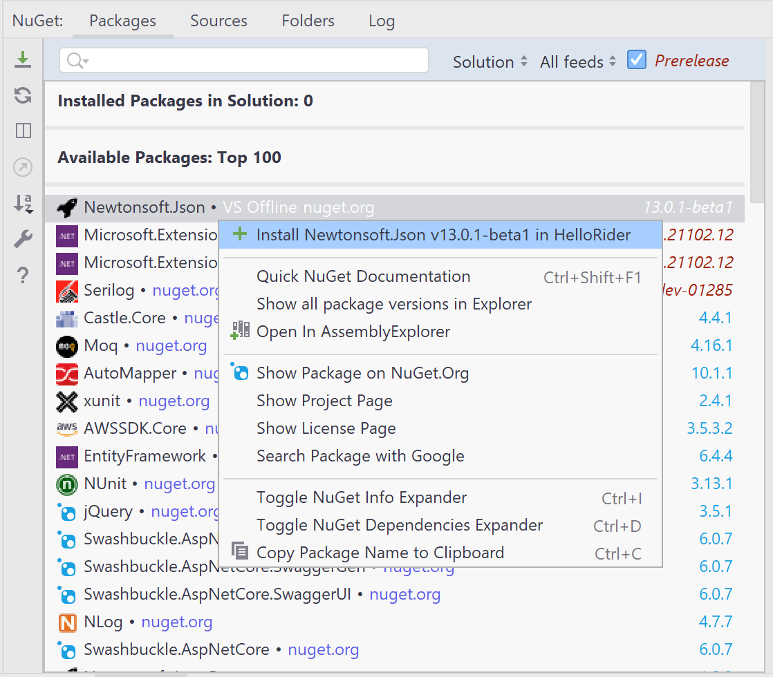 JetBrains Rider's NuGet Tool Context Menu With Actions