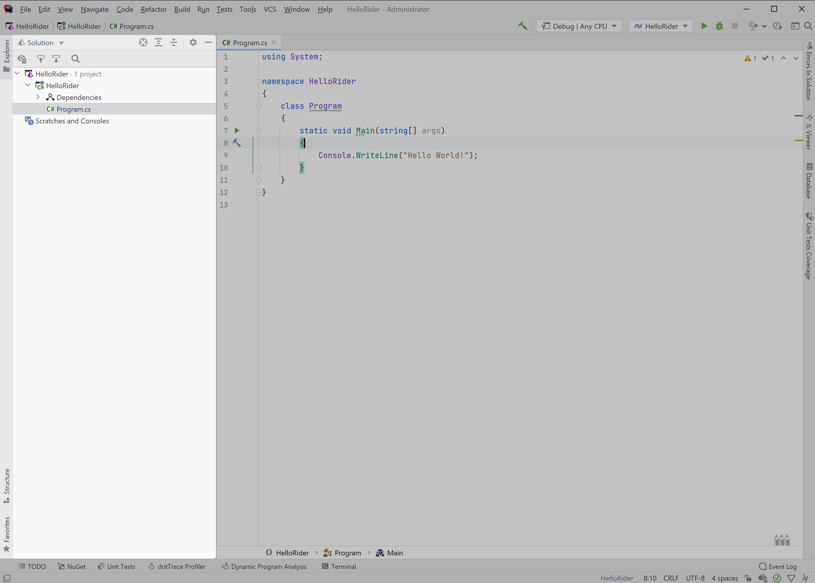 Solution explorer on the left of Rider IDE UI