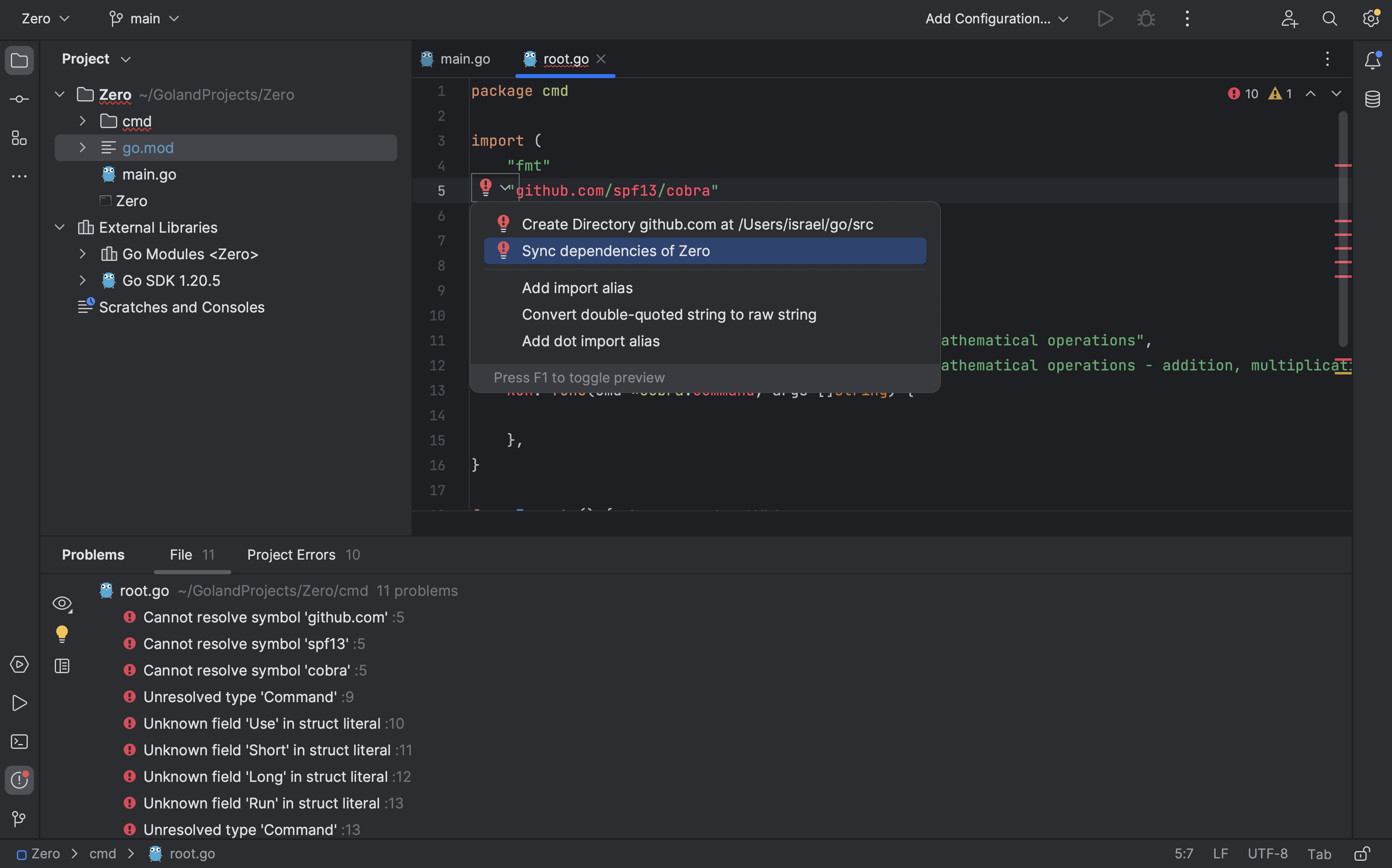 GoLand sync dependencies on Cobra package