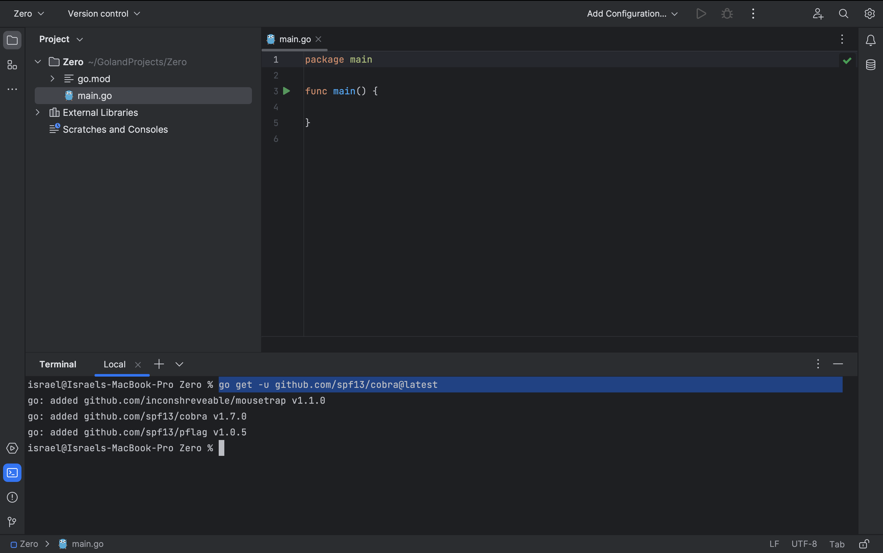 Terminal result for Cobra package installation