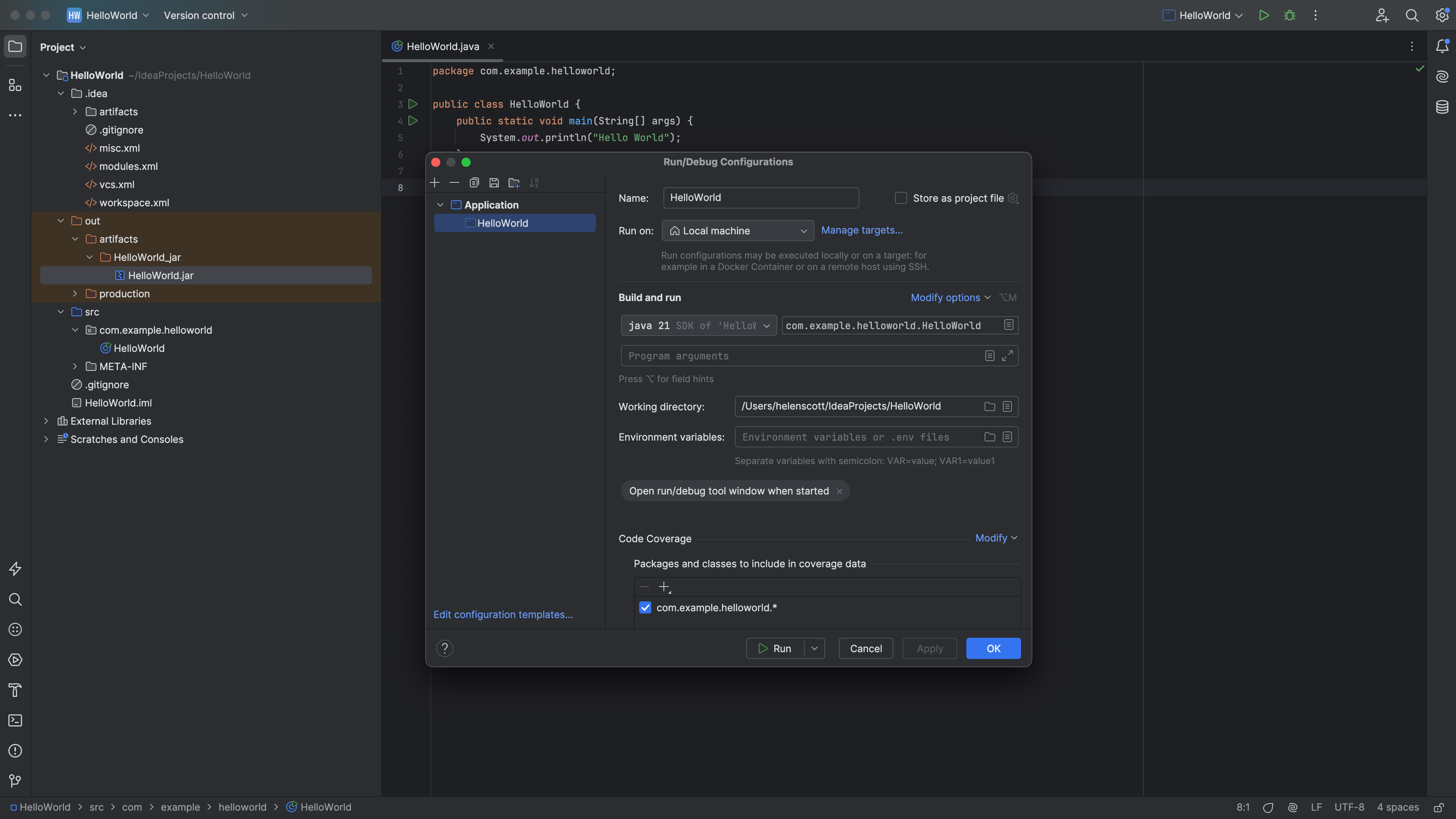 Run configuration for HelloWorld.java