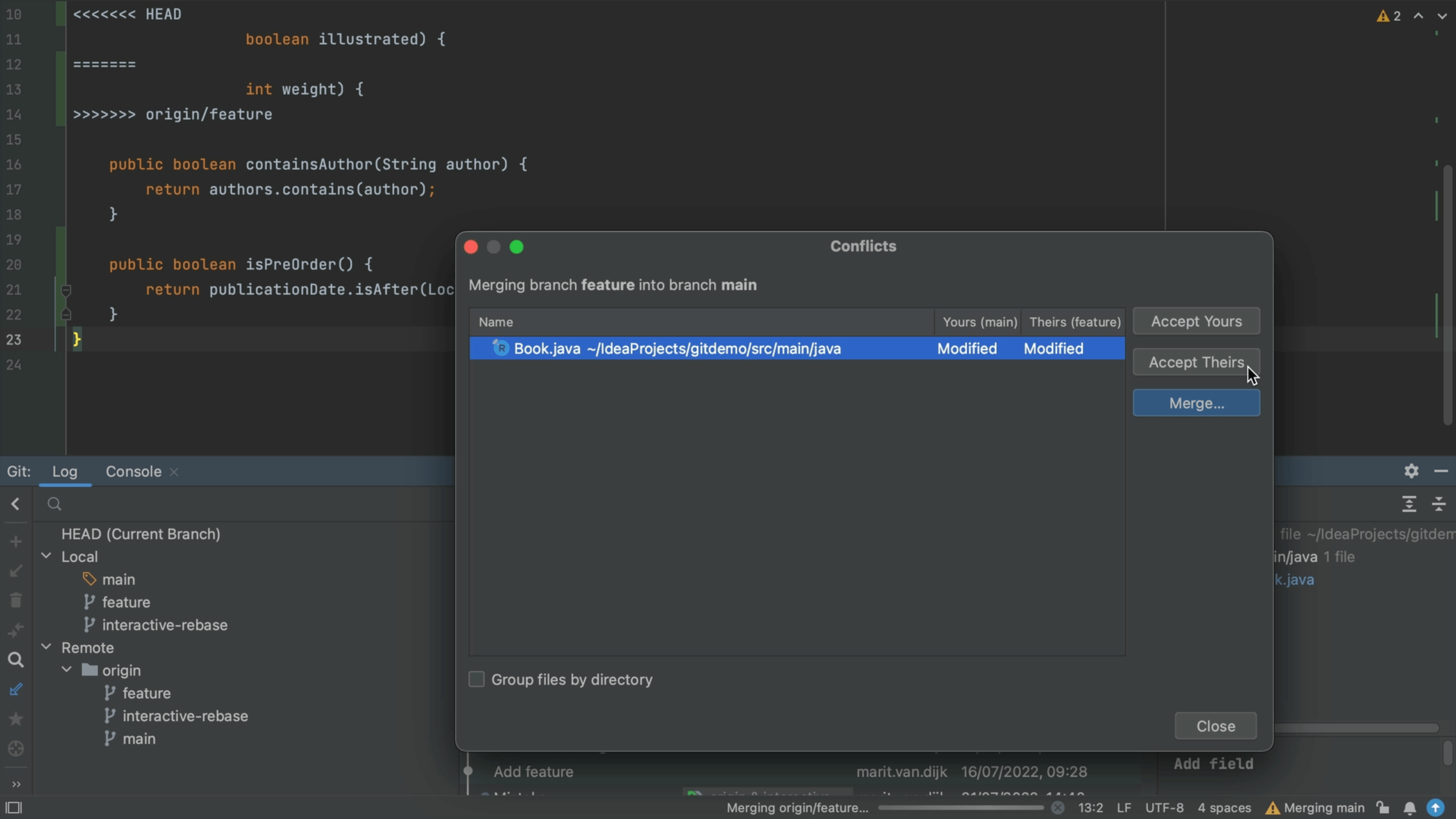 IntelliJ IDEA Conflicts dialog popup