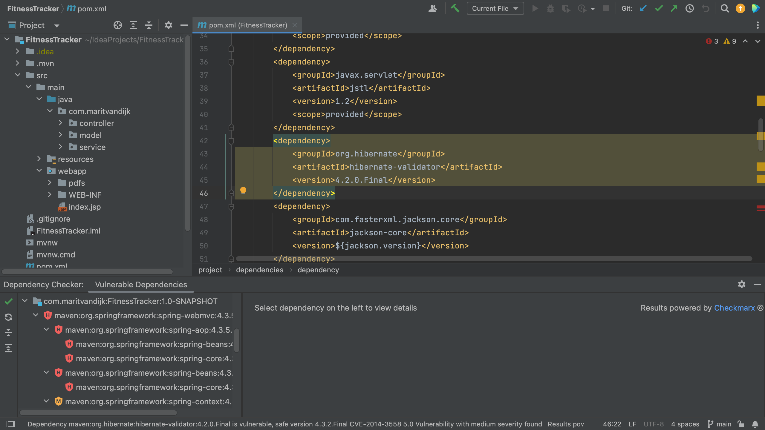 Vulnerable Dependencies tool window dependency hierarchy view