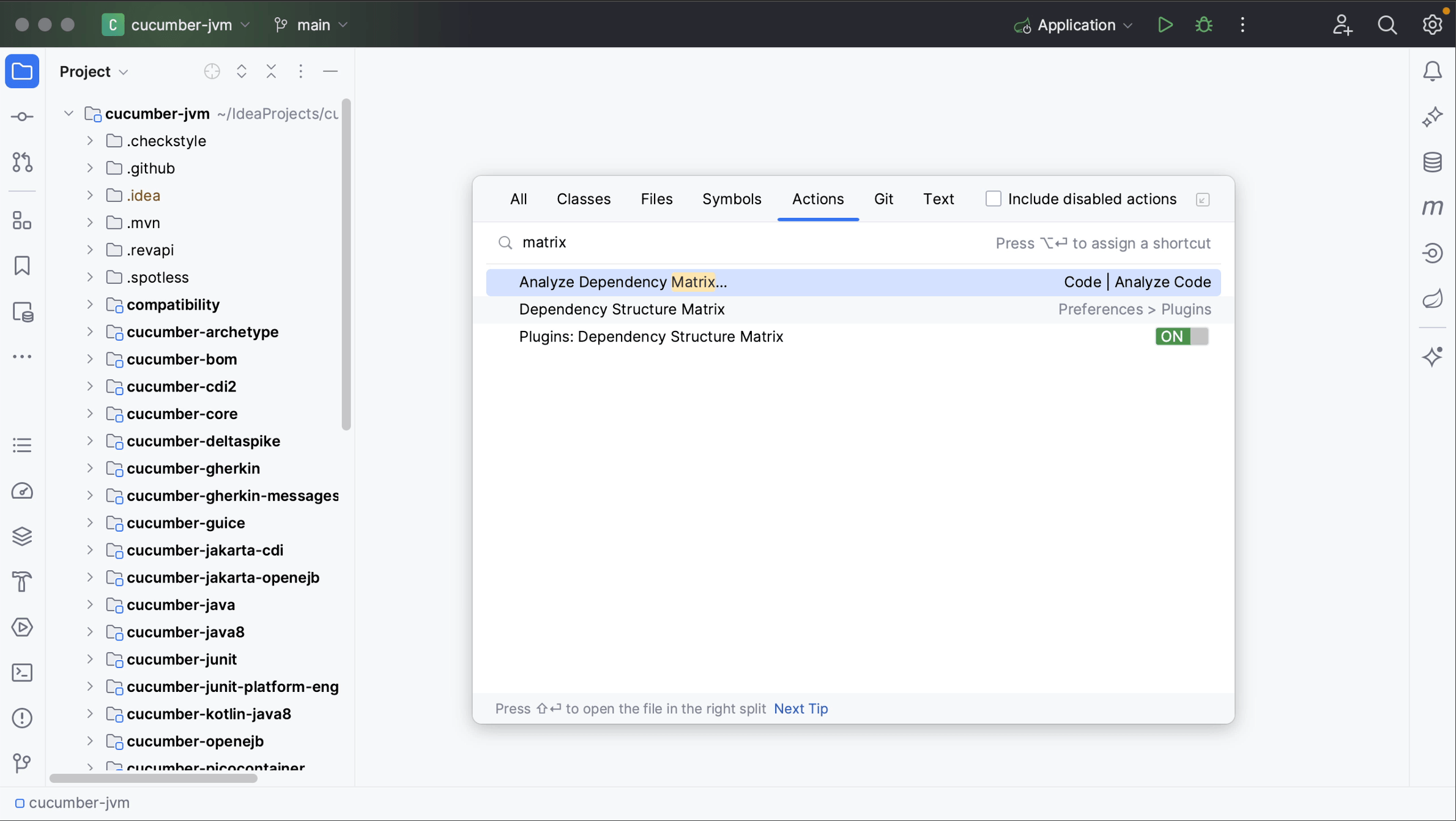 Open Dependency Matrix using Find Action