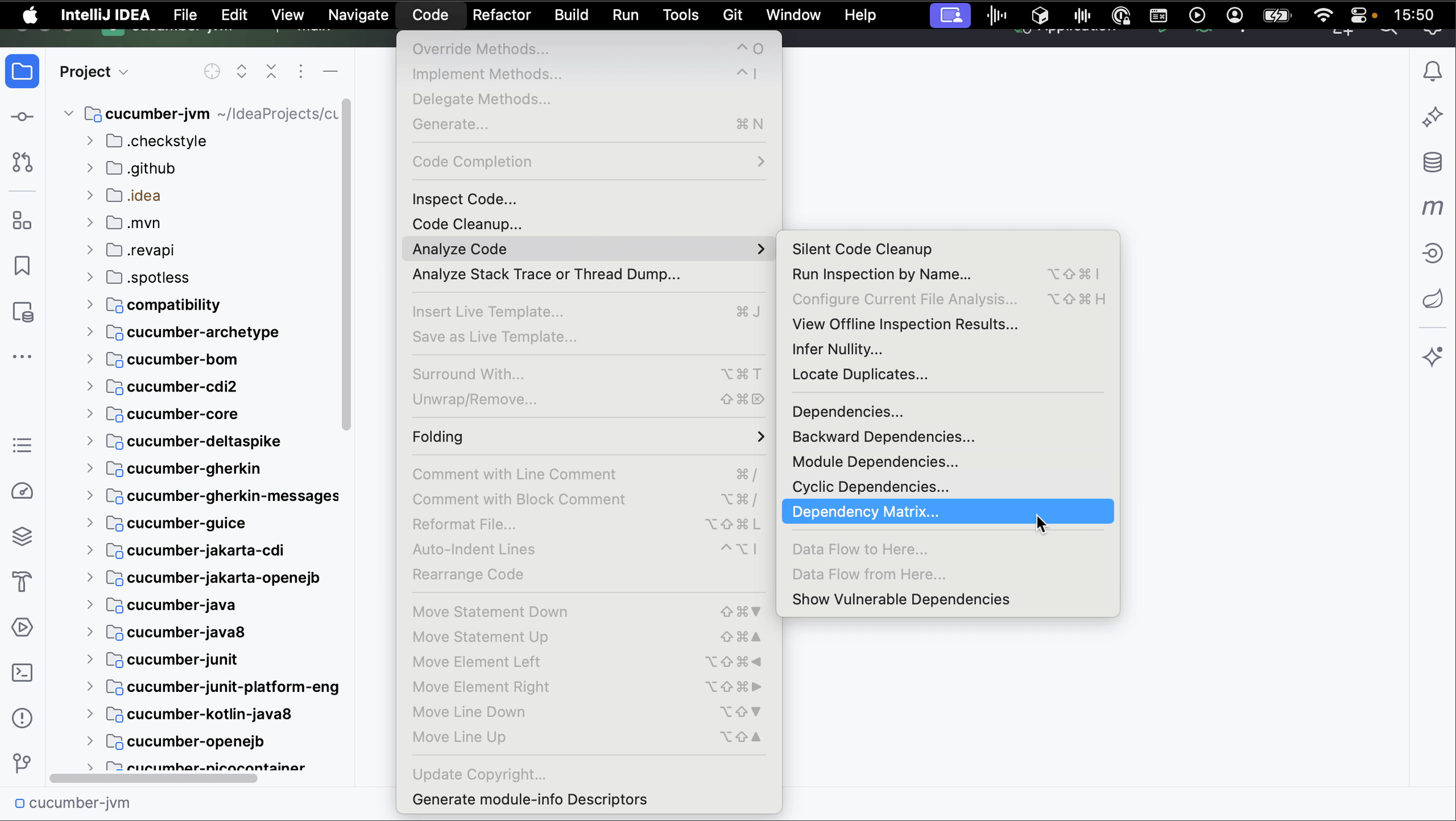 Open Dependency Matrix from the menu