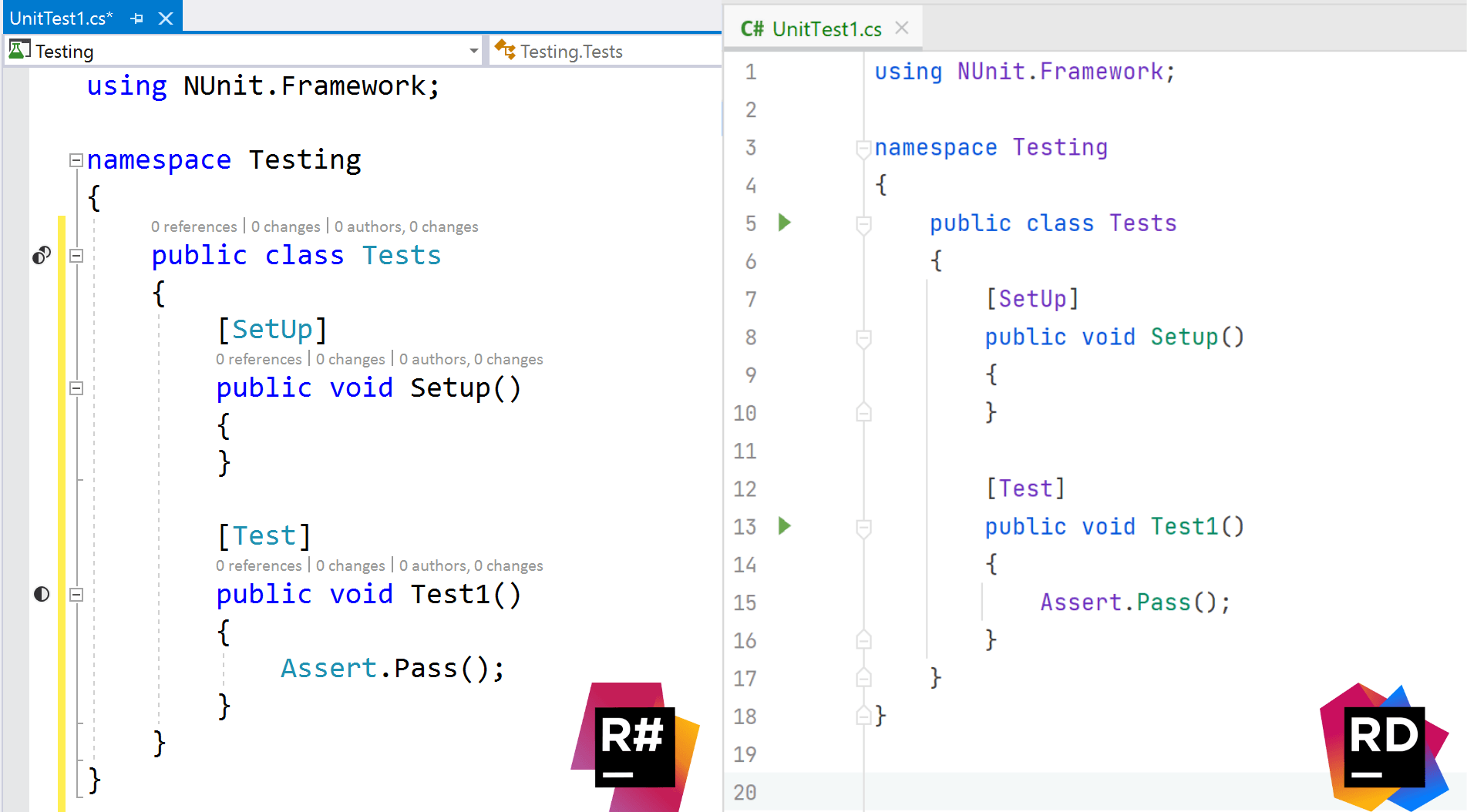 Comparison between ReSharper and Rider unit testing icons