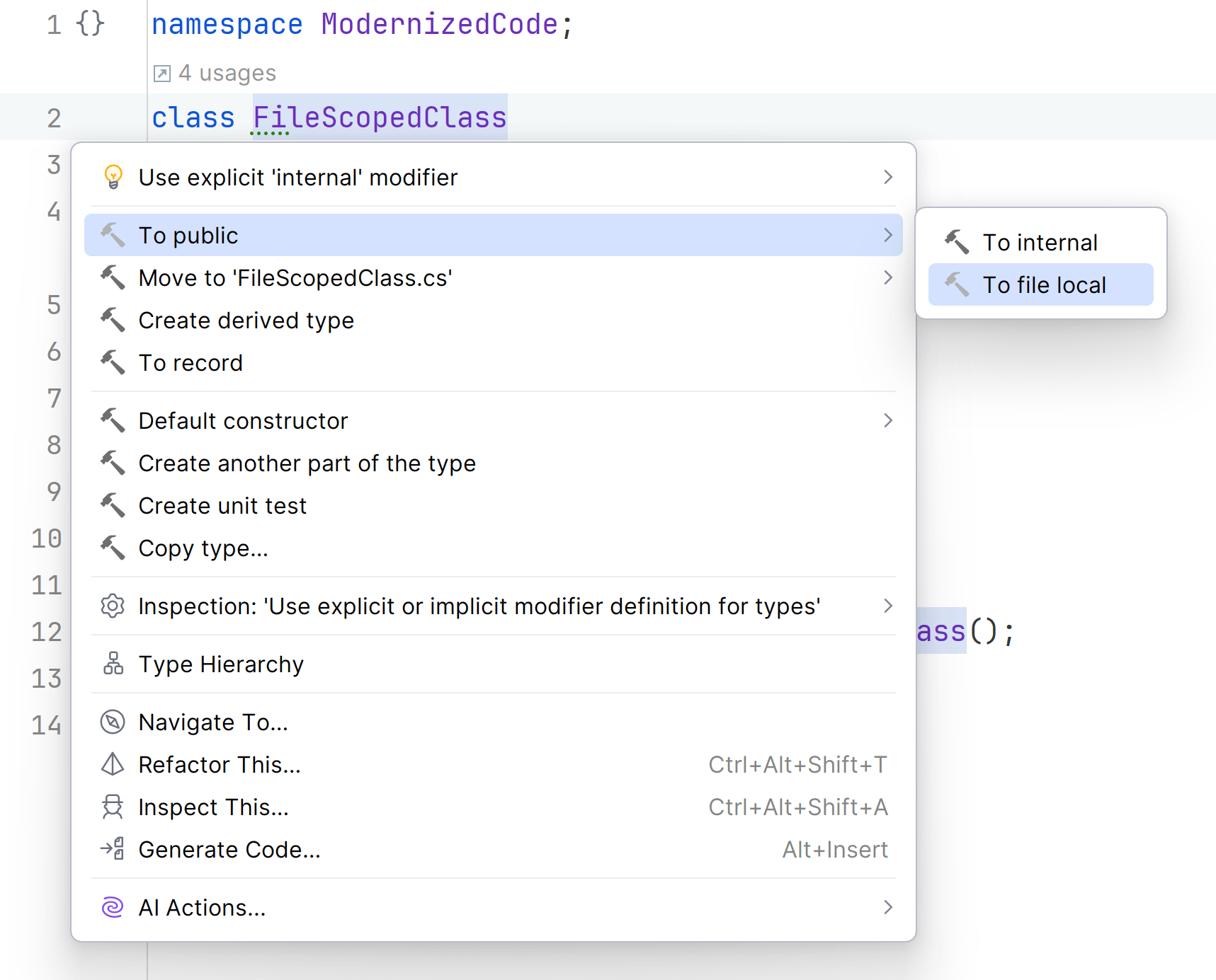 Rider IDE showing the refactoring for file scoped types