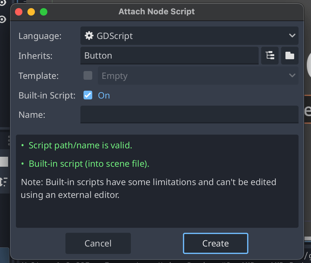 gdscript added to button with built in script