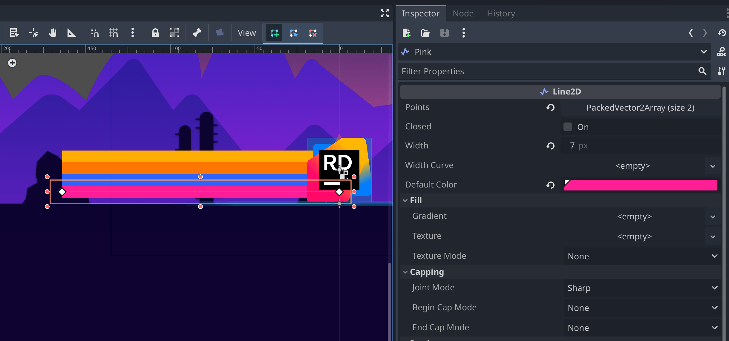 godot editor showing Line2D nodes