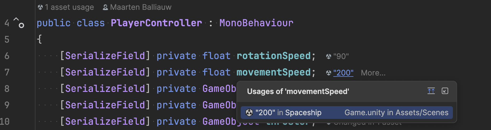 JetBrains Rider shows Unity asset usage