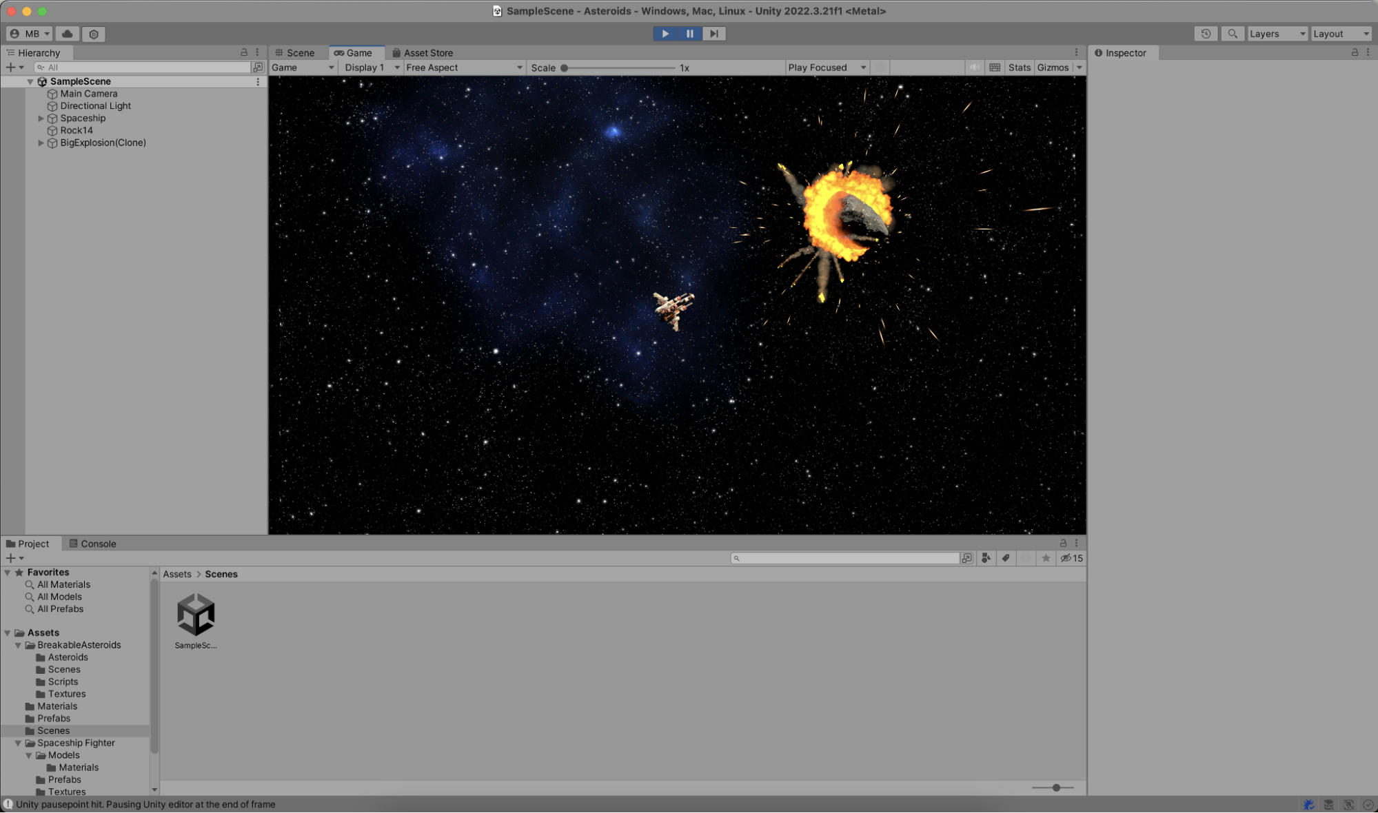 Asteroid explosion in Unity Editor Play mode