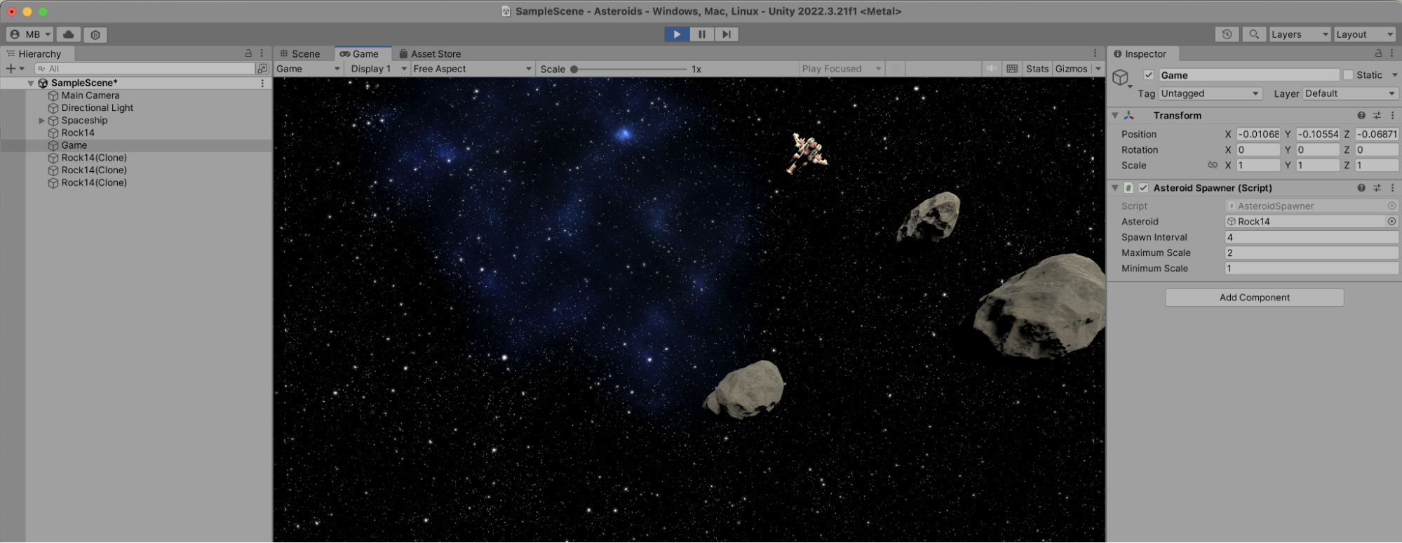 Play mode in Unity Editor showing asteroids spawning