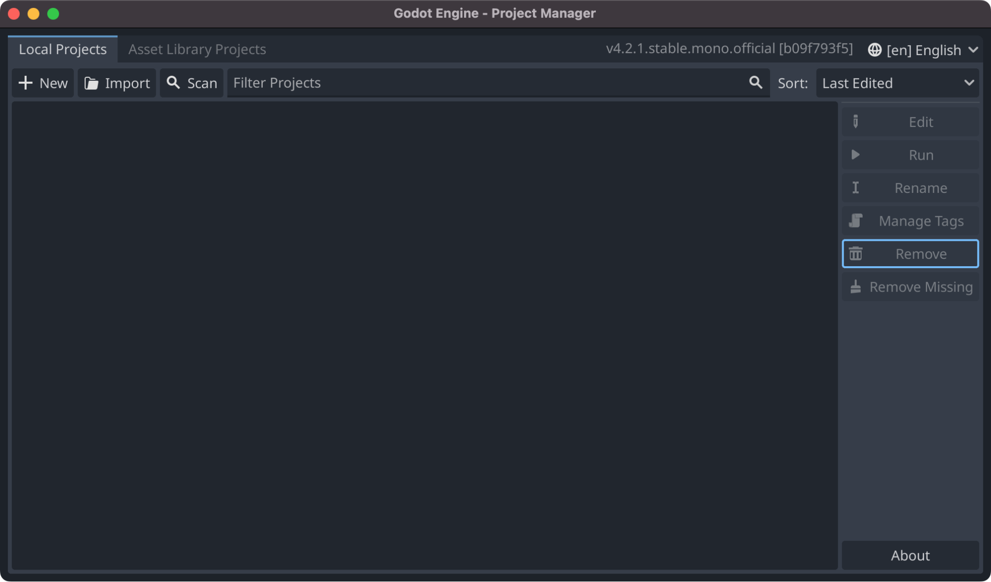 Godot Game Engine project manager screen