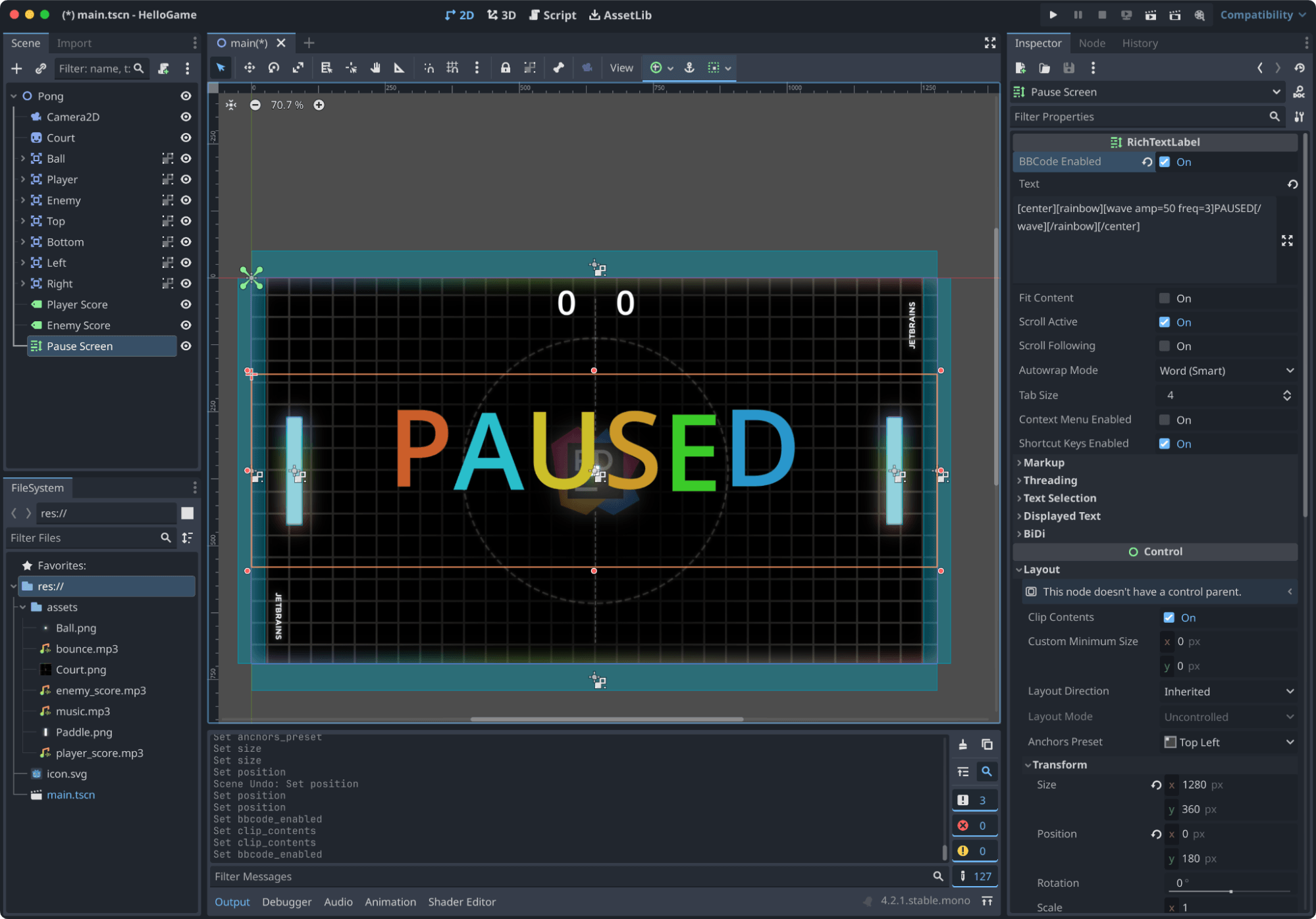 Pause Screen positioned in editor