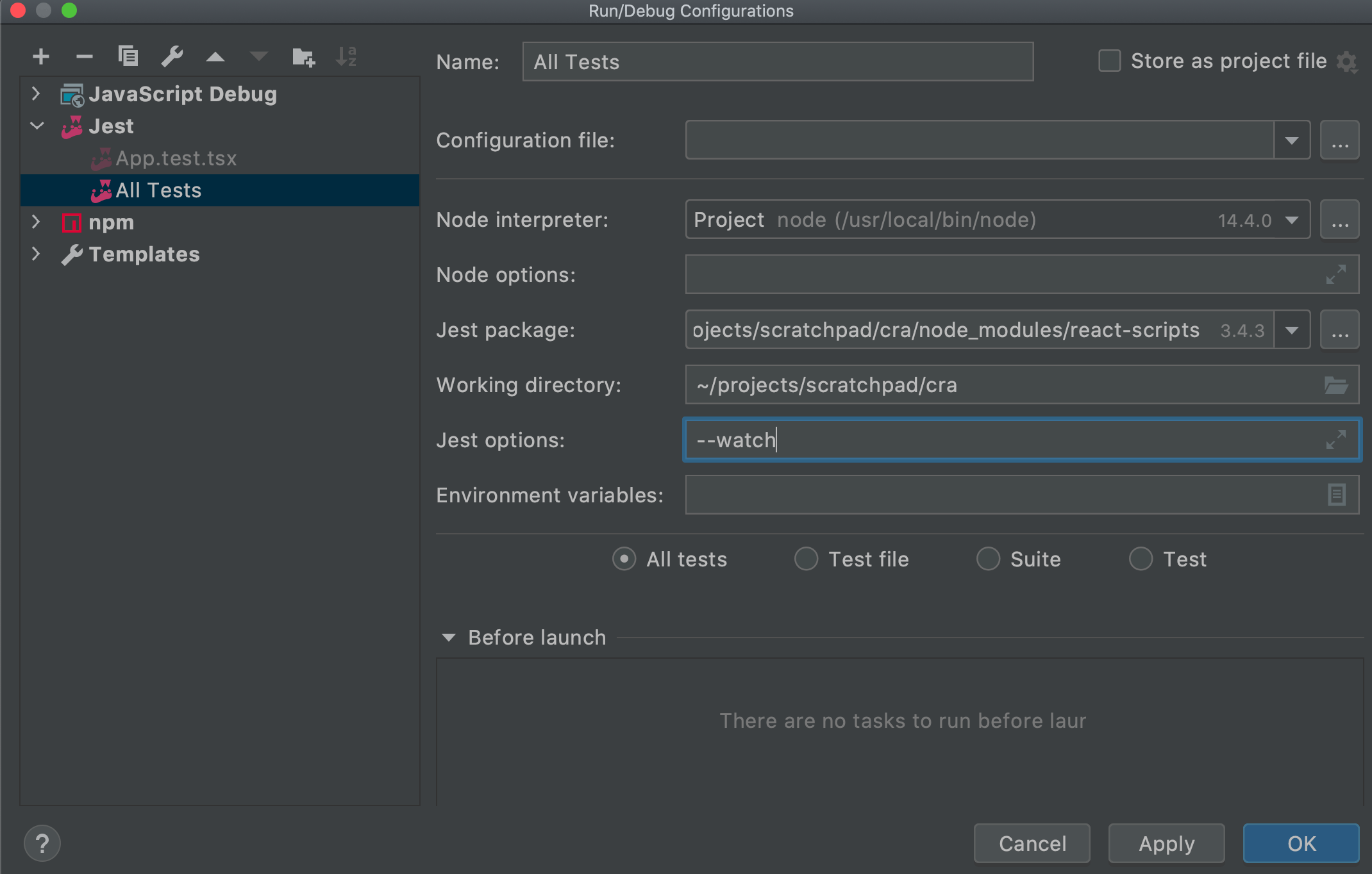 Custom run configuration type for Jest