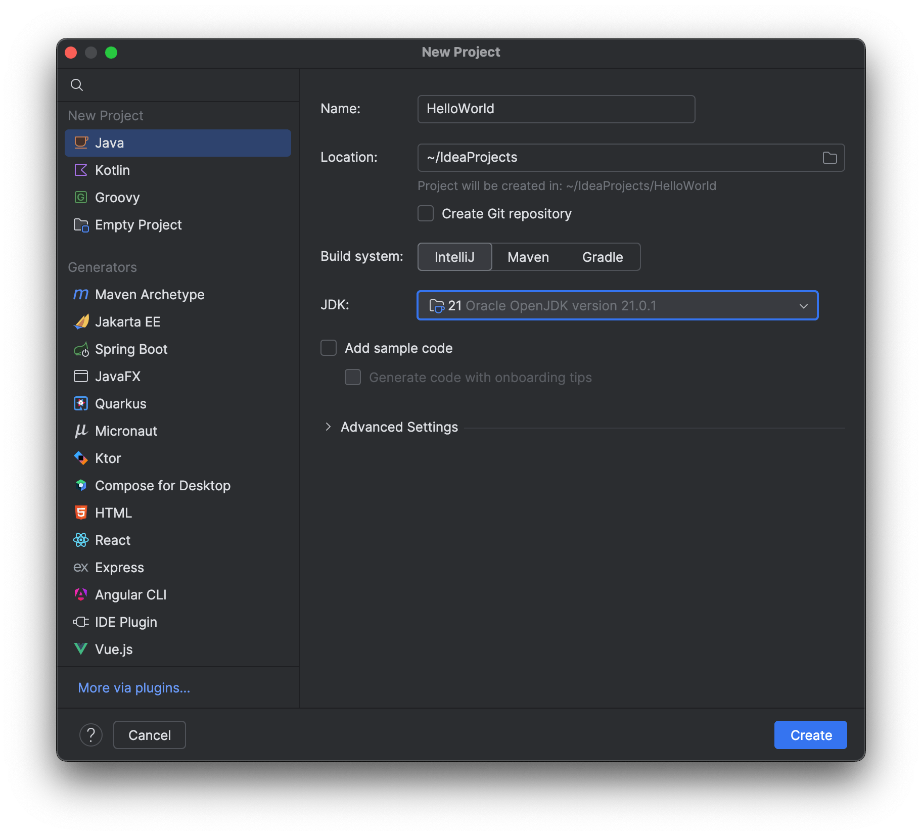 Hello World Project Options