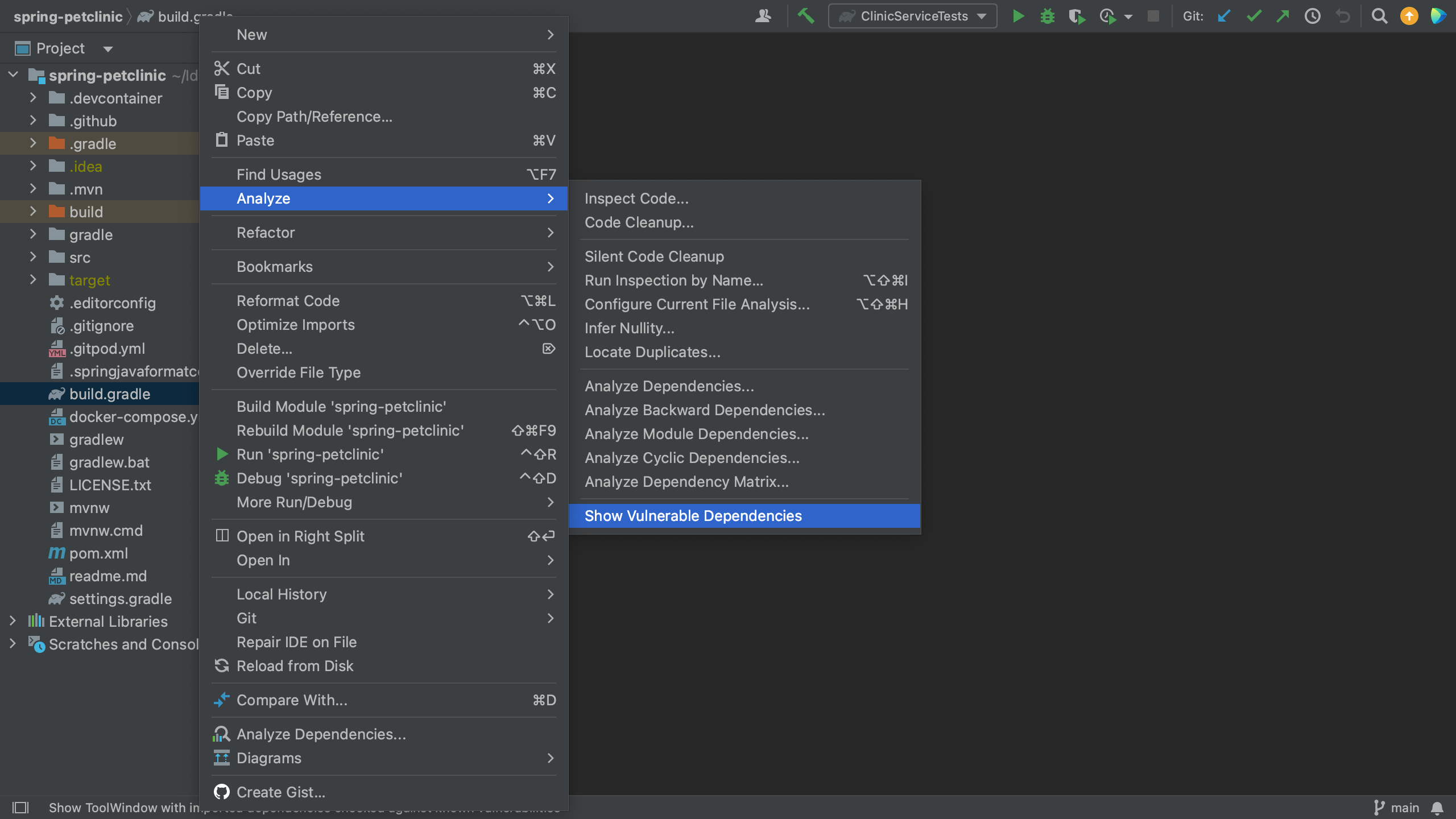 Open Vulnerable Dependencies tool window from build.gradle