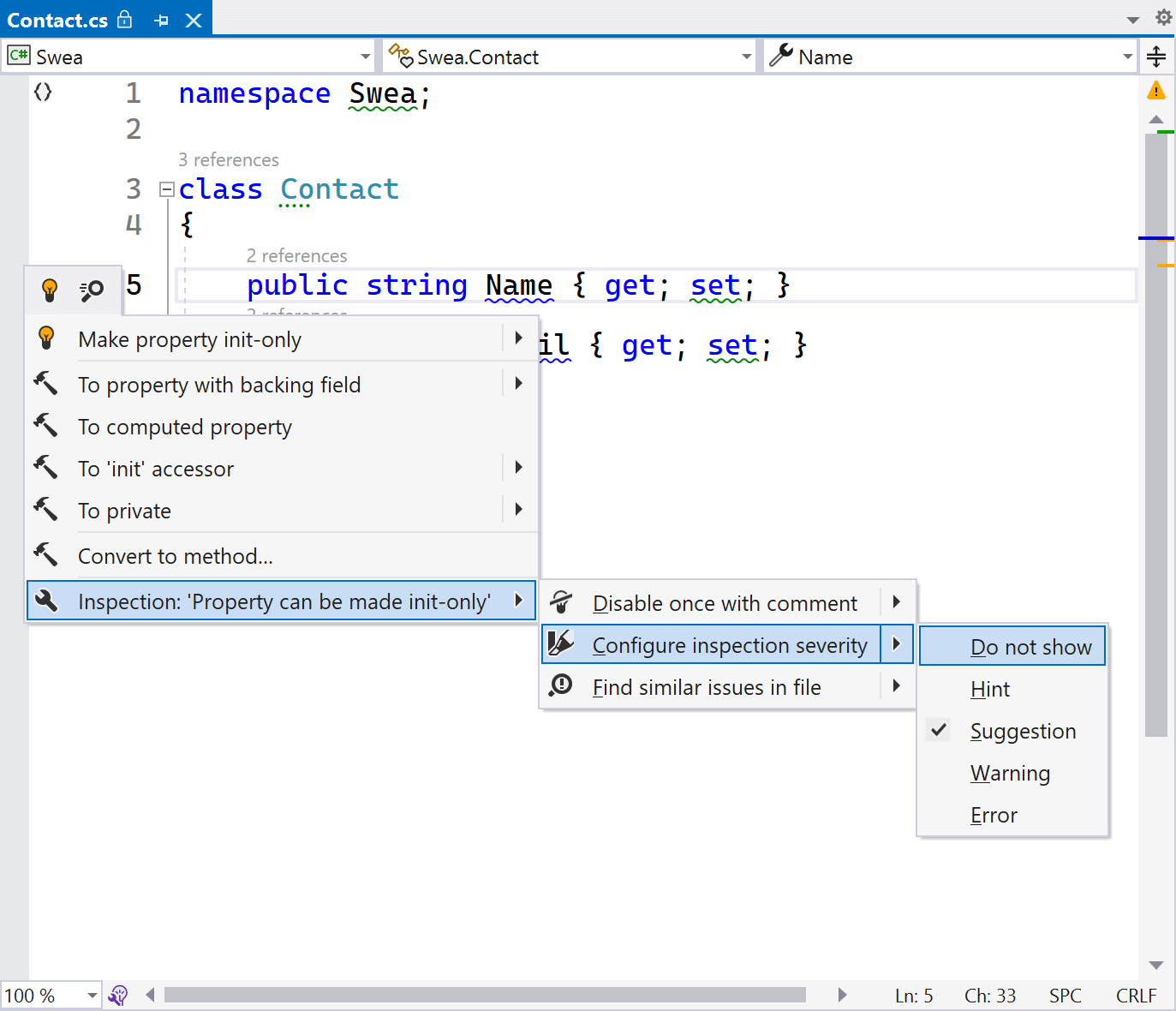 Set inspection severity in the editor (ReSharper)