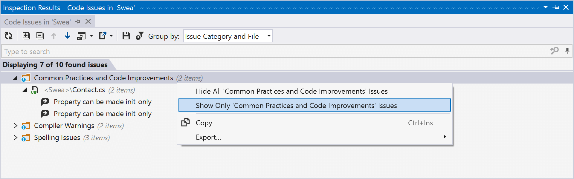 Inspection results (ReSharper)