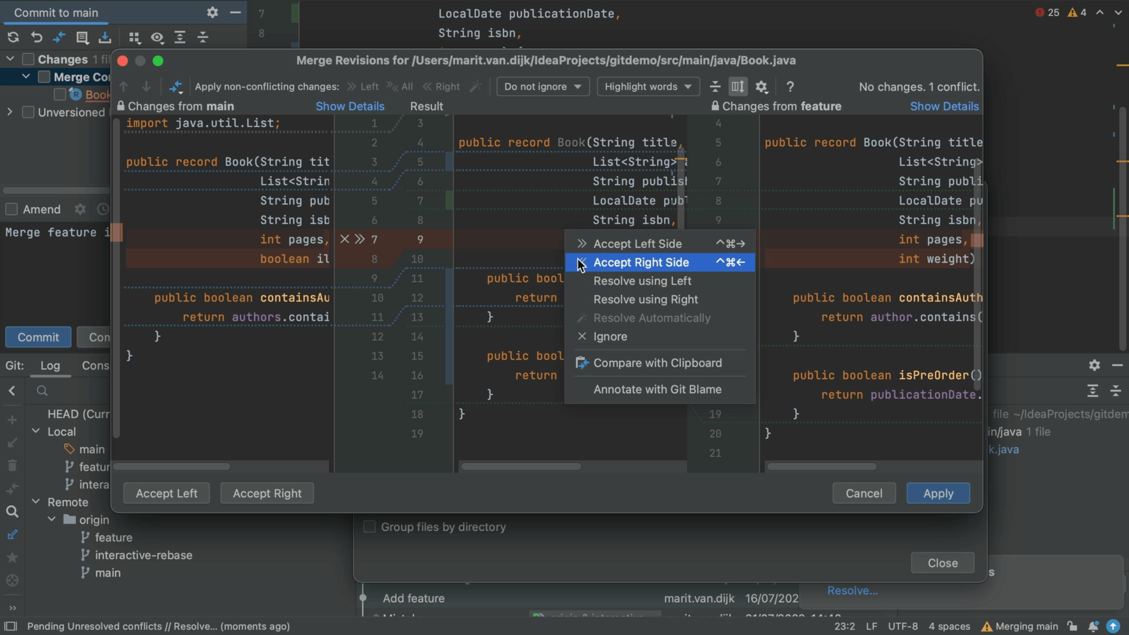 Merge conflict context menu