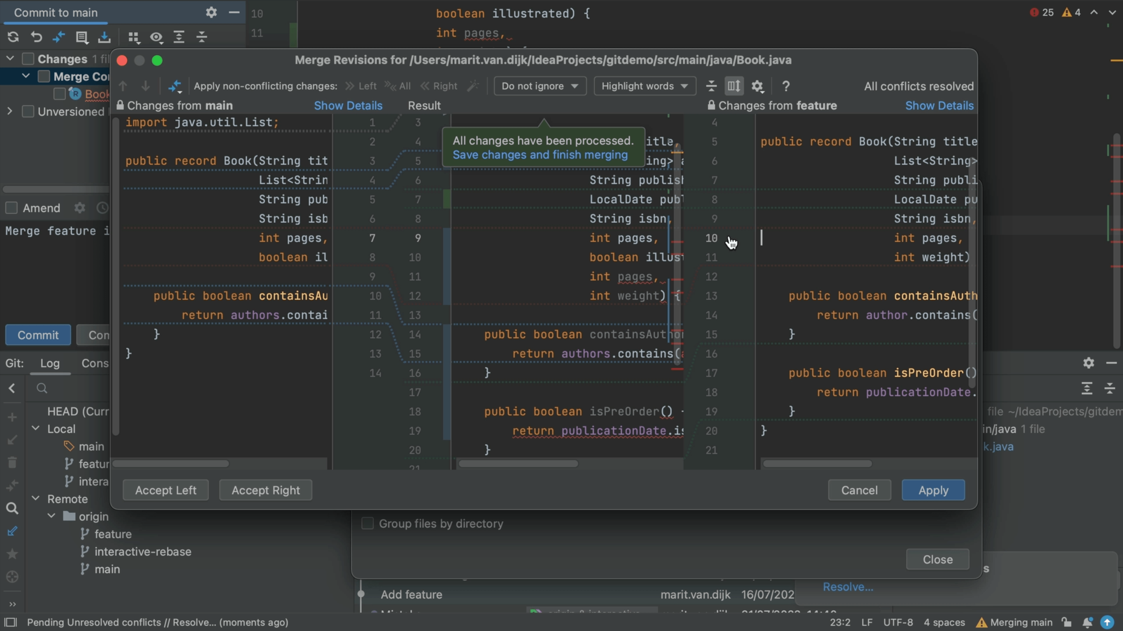 Save changes and finish merging