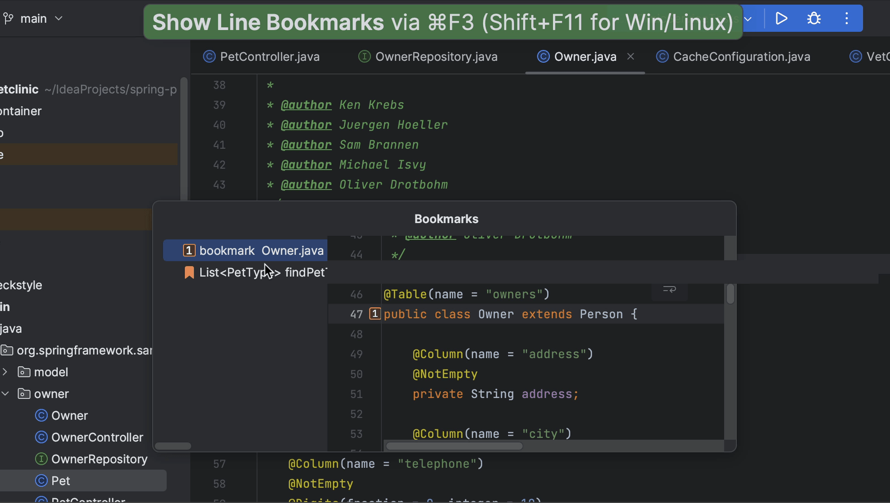 Show Line Bookmarks shortcut