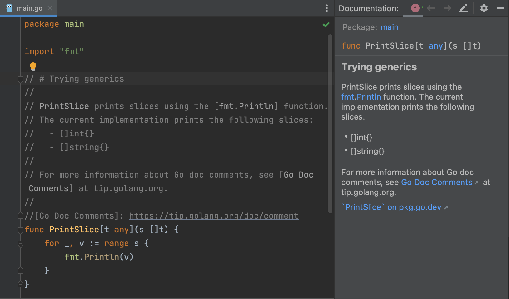 Go doc comments in quick documentation