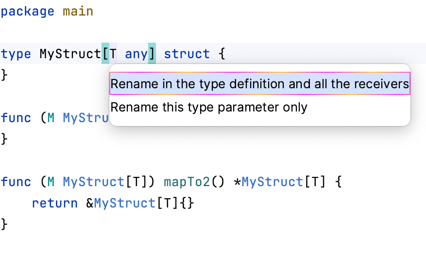 Rename Generic Receivers Along with a Generic Struct