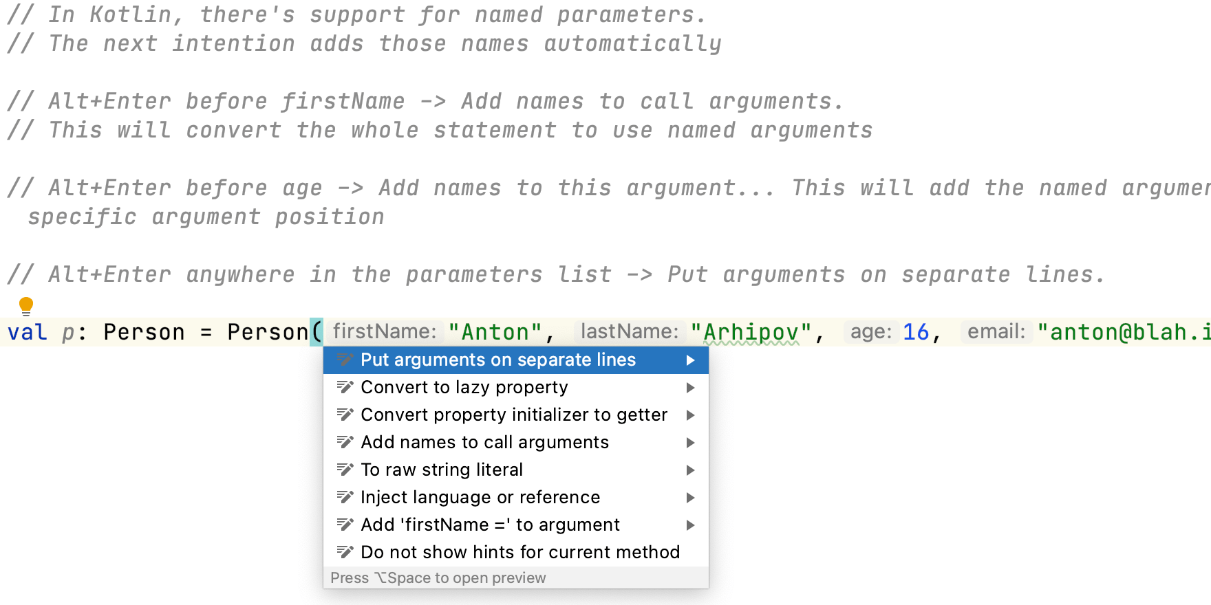 Add Names to Call Arguments in Kotlin