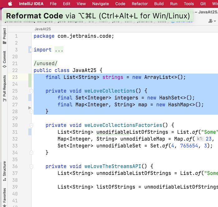 Reformatting Code in IntelliJ IDEA.