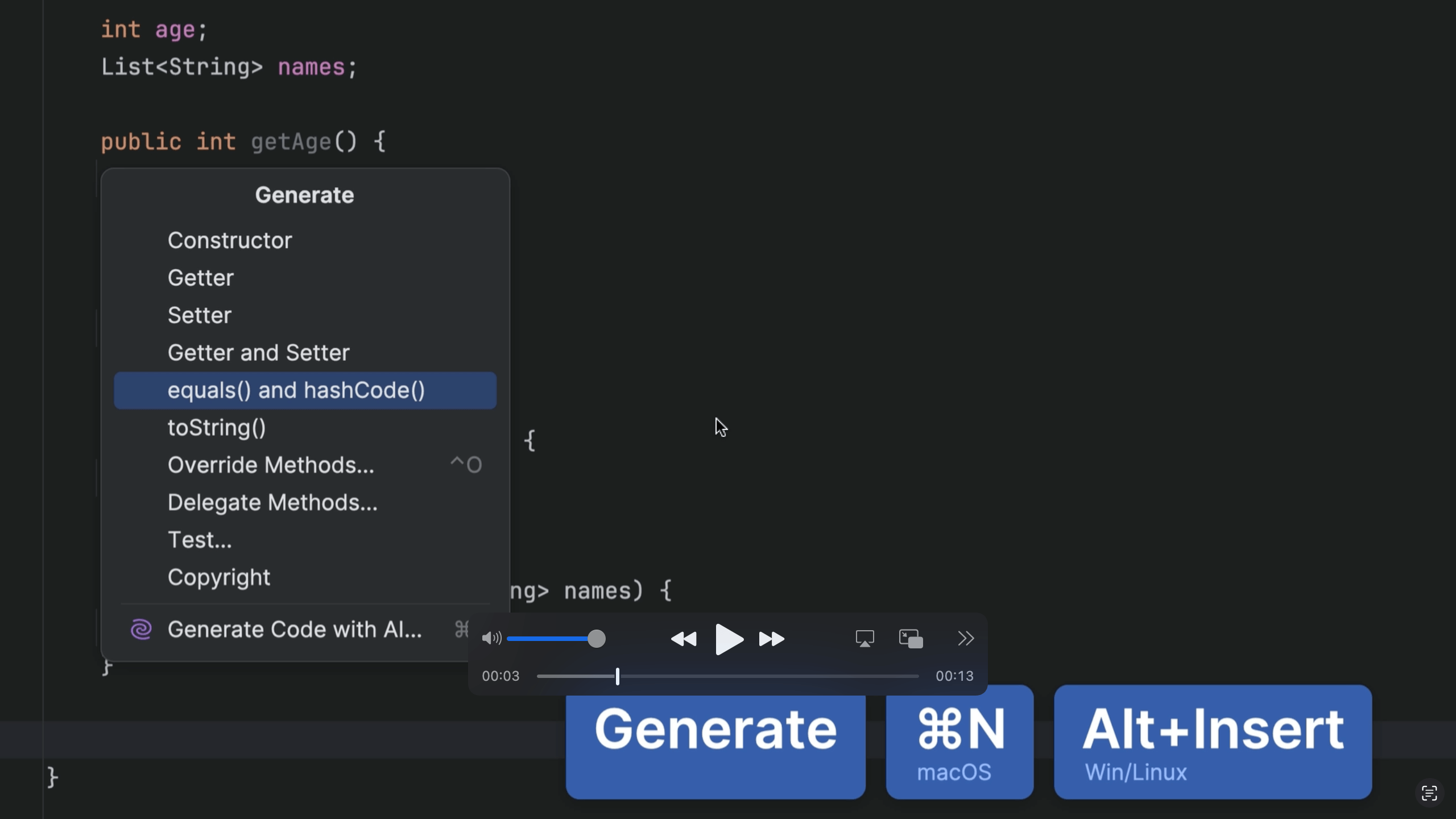 Generate Overrides for equals(), hashCode() and toString()