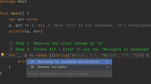 Detect variable shadowing while writing Go code