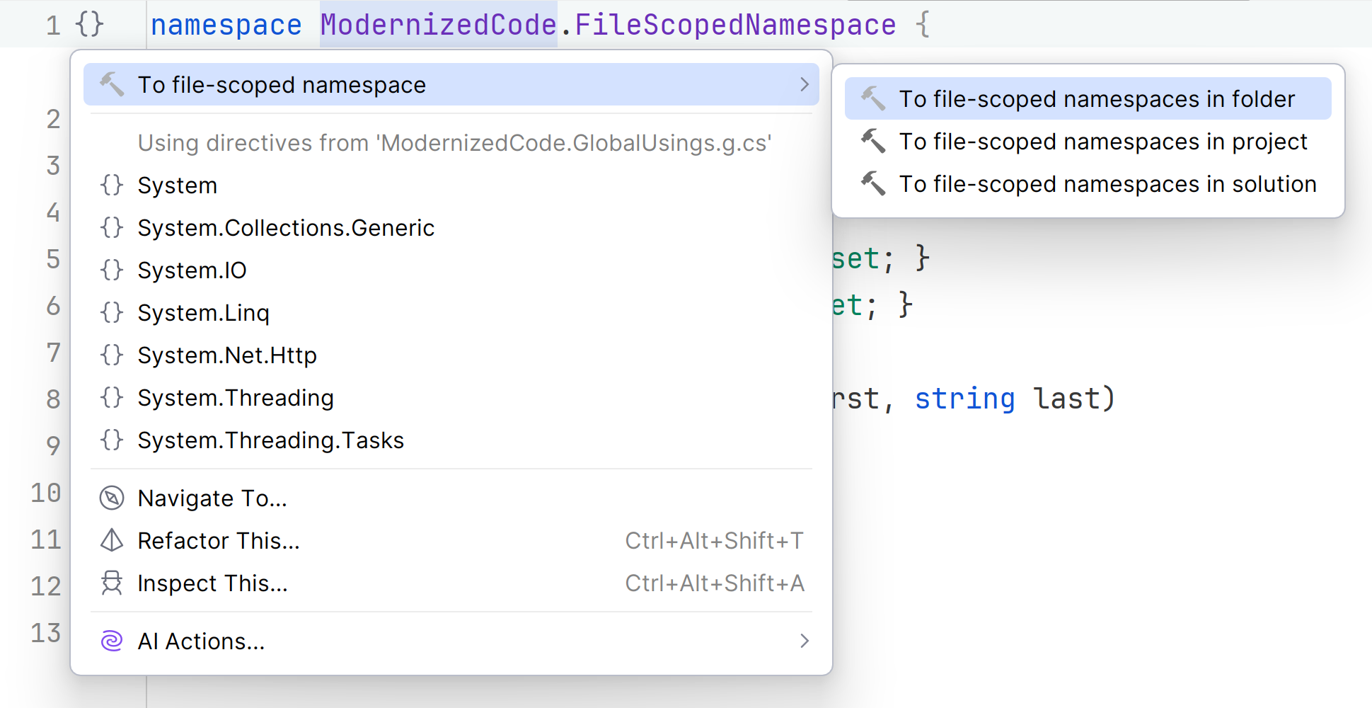 Rider IDE showing the refactoring for file scoped namespaces