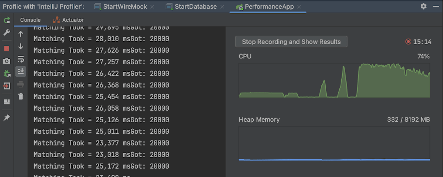 Graphiques CPU et Heap Memory disponibles lors du profilage