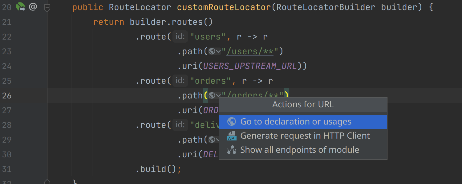 URL completion and navigation for Spring Cloud Gateway routes